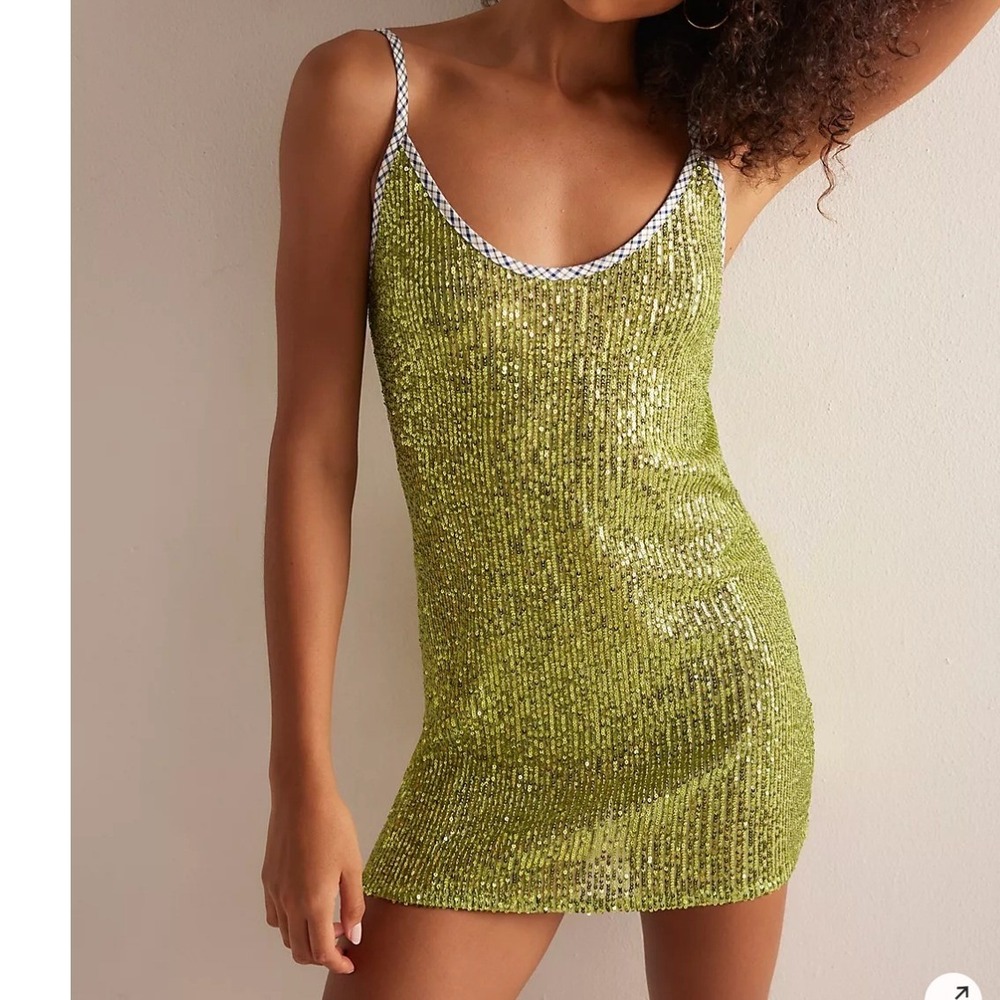Hand Over Rober's Ex boyfriend Slip Dress Green Sequin Mini Scoop Neck NEW Small